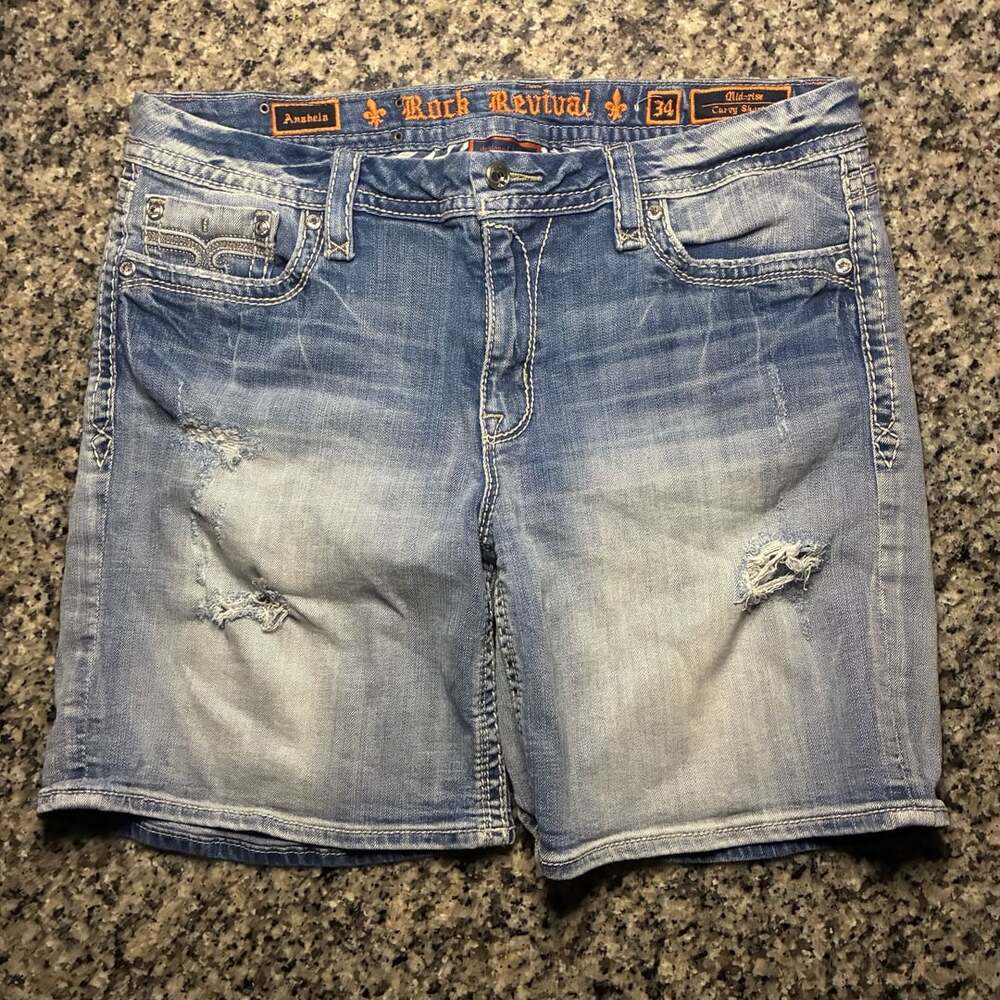 Rock Revival Anabela Mid-Rise Curvy Shorts Size 34 Distressed Denim